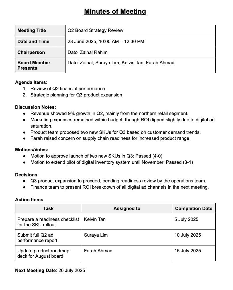 Board or Leadership Meeting Template